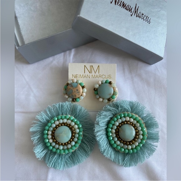 Neiman Marcus Statement Fran Drop Fringe Round Stone Bead Green Teal blue NWT - Picture 15 of 15